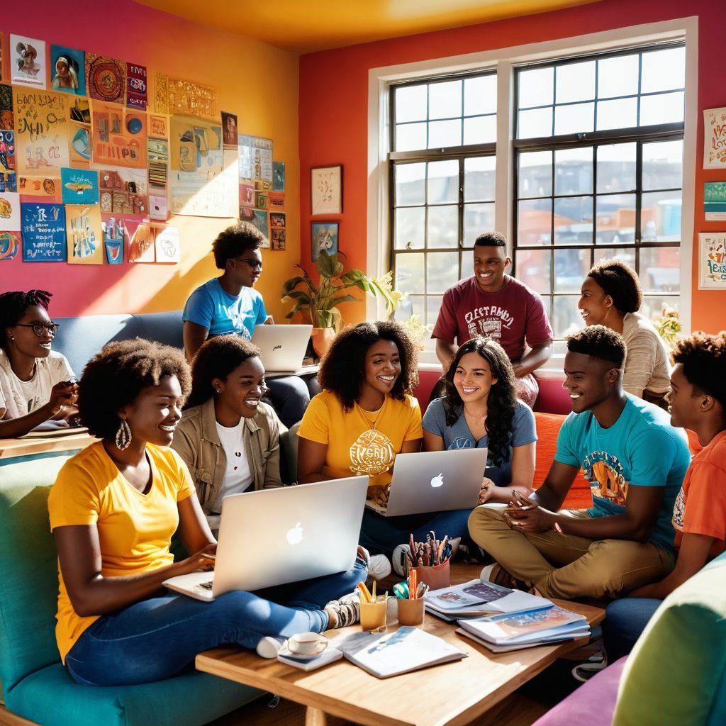 An illustrated scene showing a diverse group of individuals from the Sacouny community, each with a laptop, passionately blogging inside a vibrant community space filled with colorful decor and motivational quotes on the walls. Sunlight streams through large windows, illuminating their determined faces and the creative atmosphere. The backdrop features cultural symbols representing the community. super-realistic. vibrant colors. 3D.