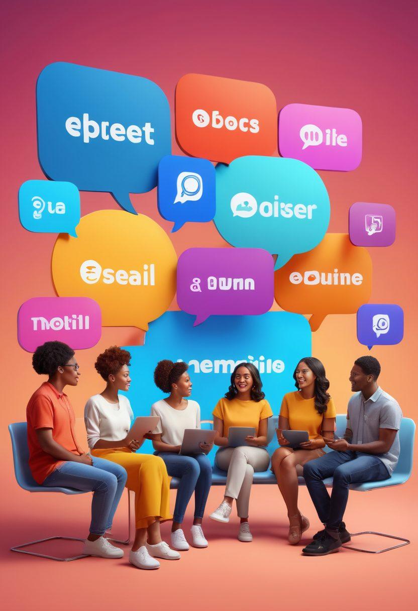 A diverse group of people engaged in storytelling, sitting around a digital screen displaying vibrant content that highlights various voices and narratives. The background features symbols of digital communication, like social media icons and speech bubbles, showcasing empowerment. Bright color palette to evoke a sense of inclusion and inspiration. super-realistic. vibrant colors. 3D.