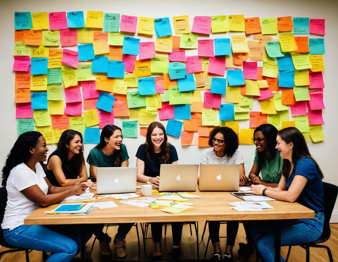 A diverse group of people gathered around a large round table, laptops open and laughter filling the air, representing connections being formed through blogging. Colorful post-it notes and sketches of blog layouts scattered across the table, showcasing ideas and creativity. Background of a vibrant community space with wall art and plants, emphasizing engagement and expression. Soft, warm lighting to create an inviting atmosphere. super-realistic. vibrant colors.